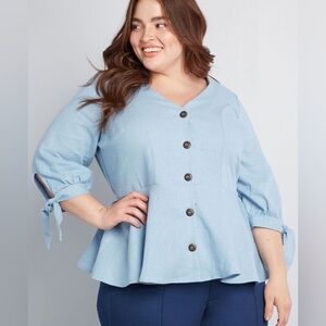 Jessy B Linen Blend blouse v-neck peplum 3/4 inch ballon sleeve blouse size: 2X